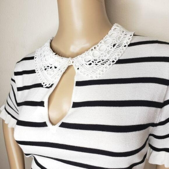Karl Lagerfeld Paris Women's Striped Knit Top With Crochet Collar & Keyhole L - Picture 3 of 8
